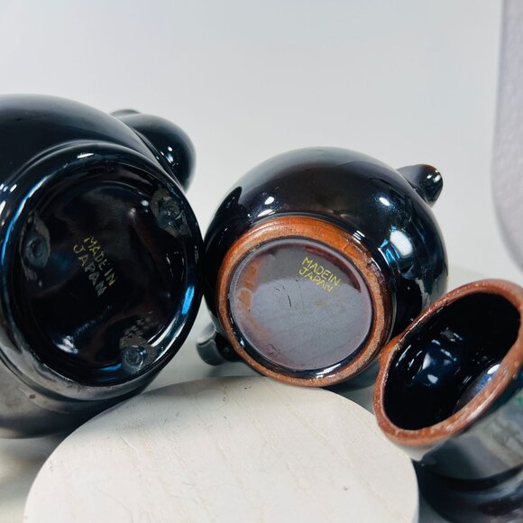 Vtg Japanese Black Ceramic Teapot & Redware Creamer Hand-Painted Floral Motifs - Picture 5 of 7